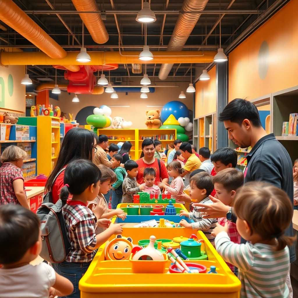 A bustling play center with staff handling numerous inquiries