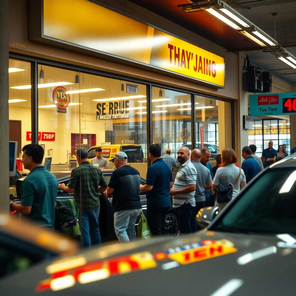 A busy window tinting shop bustling with activity