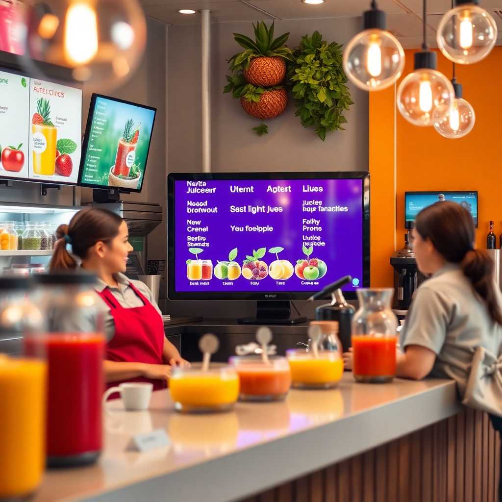 A neatly arranged juice bar counter with smiling staff addressing inquiries displayed on a screen.
