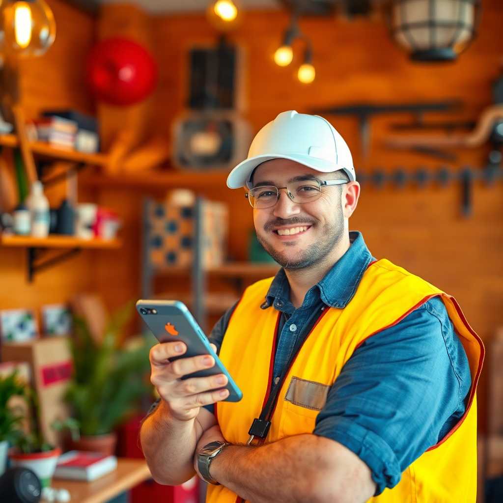 Happy handyman service owner with phone