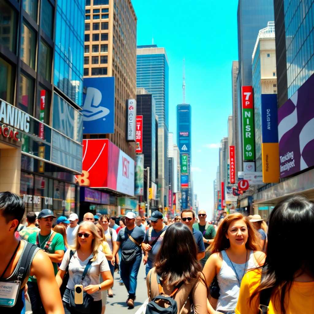 A vibrant cityscape with engaged tourists