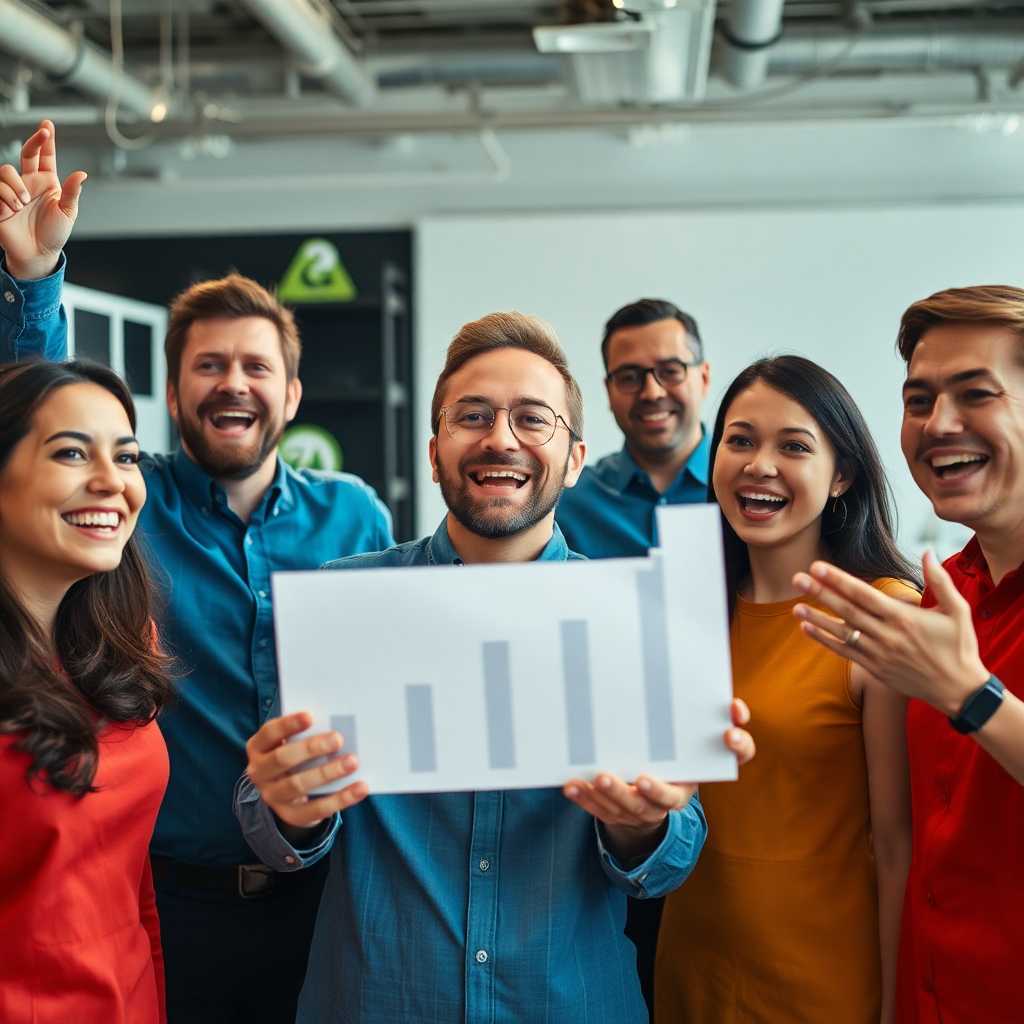 Smiling staff celebrating over increased sales statistics