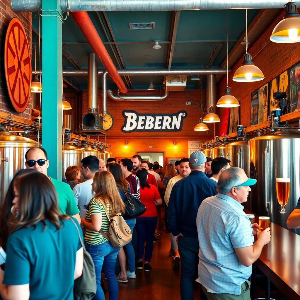A bustling craft brewery with customers lining up