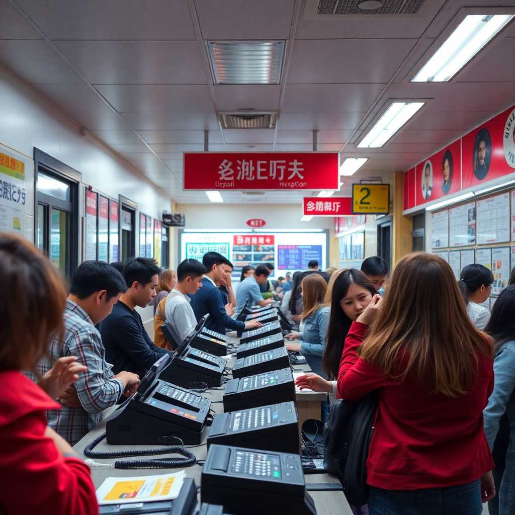 A crowded language school reception counter with ringing phones