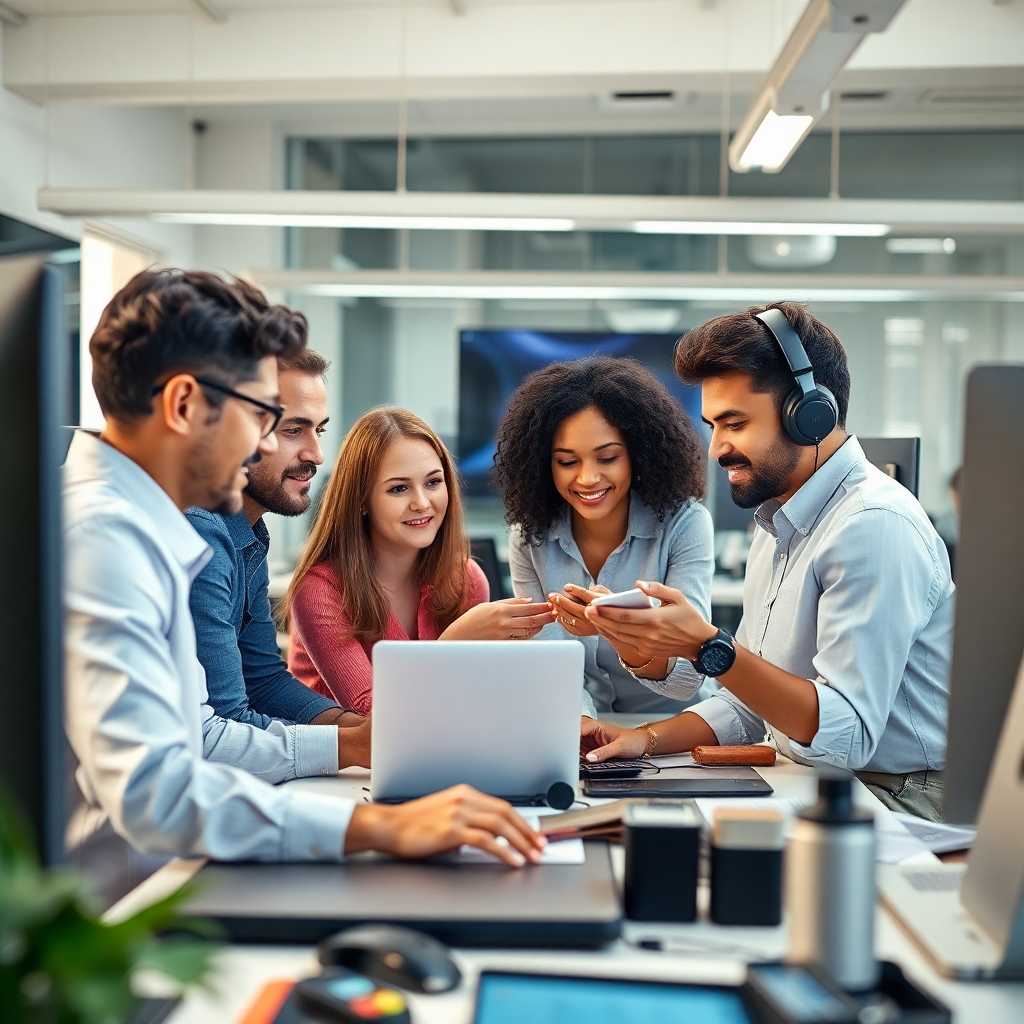 Team collaborating over communication tools in an office