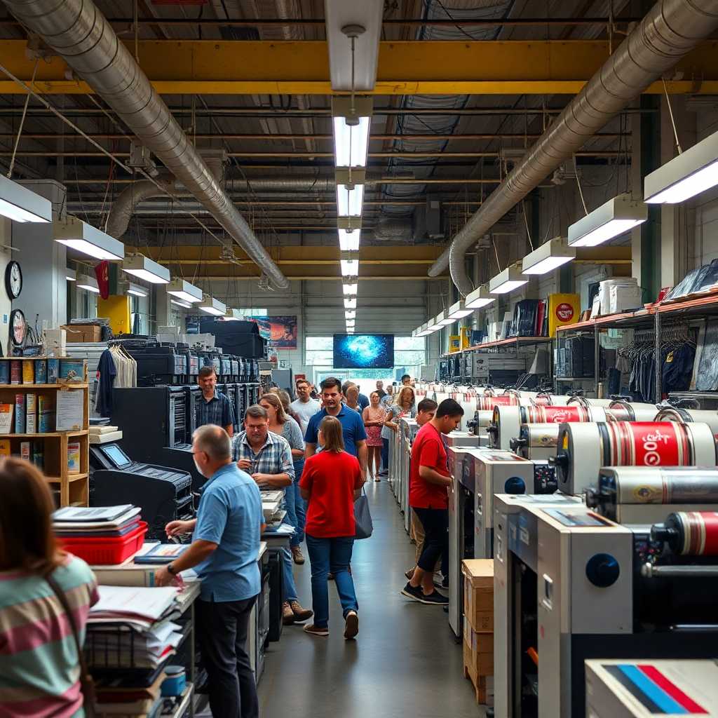 A bustling print shop during peak hours