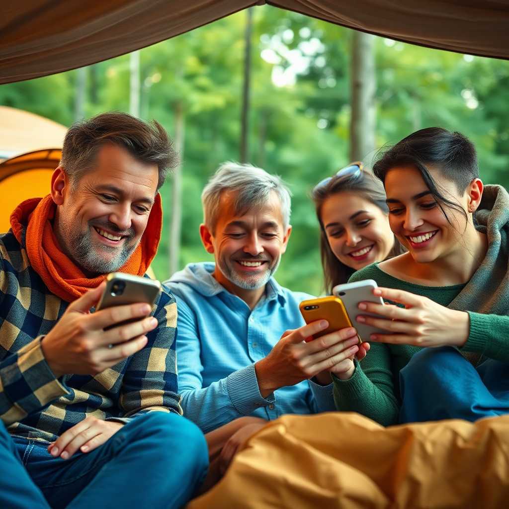 A satisfied camping family using their phones to book via a dedicated number