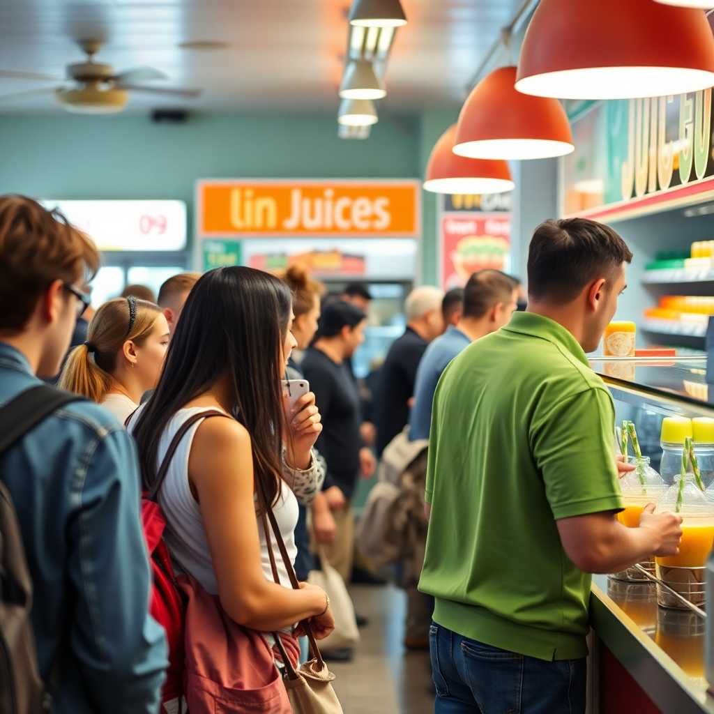 Customers queuing at a busy juice bar counter