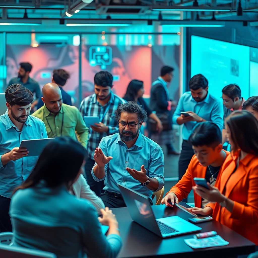 Description: A visually striking image showcasing people interacting with a digital chatbot, with diverse individuals engaged in conversations using laptops and mobile devices. The scene illustrates an environment of efficiency and modern technology.