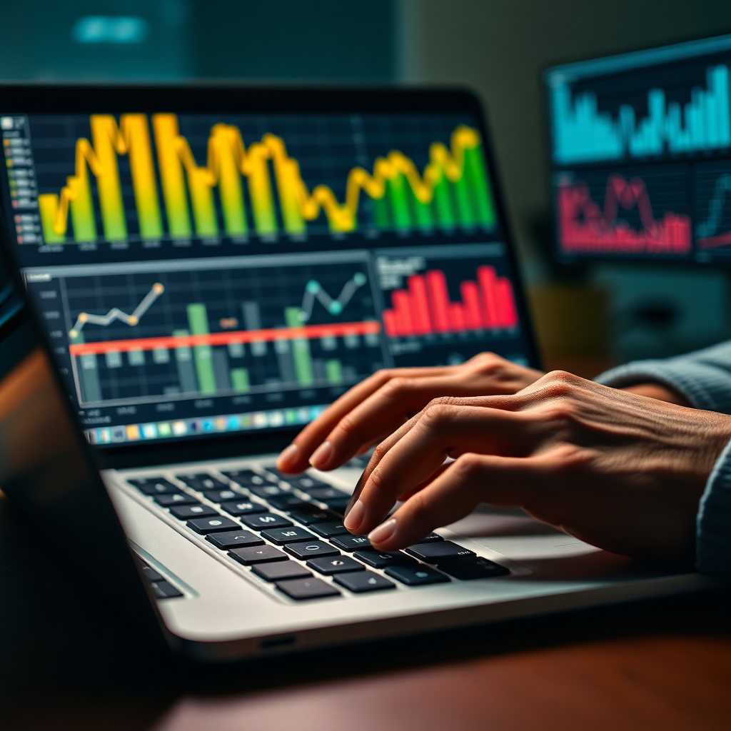 Hands typing on a laptop with analytical graphs