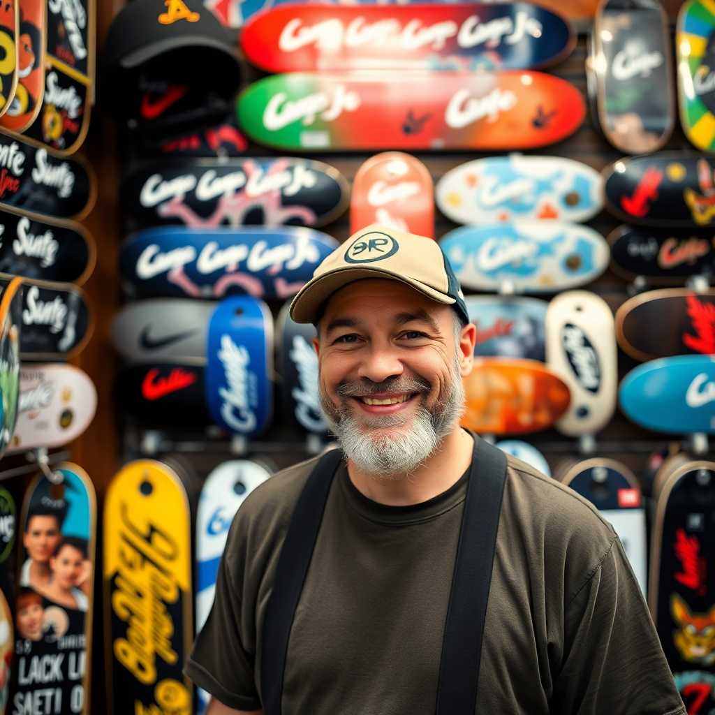 Smiling store owner in front of a well-organized skate merchandise display.