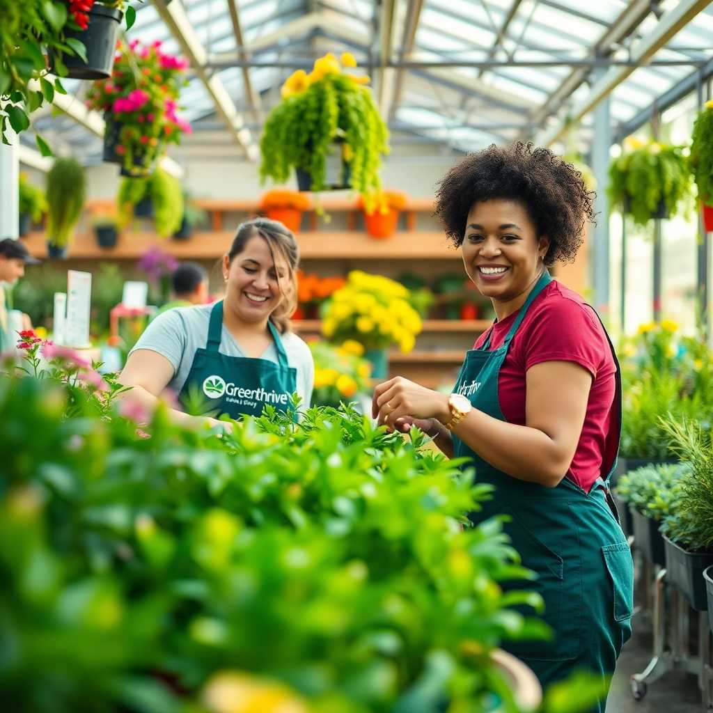 GreenThrive Nursery staff joyfully assisting customers in a vibrant setting