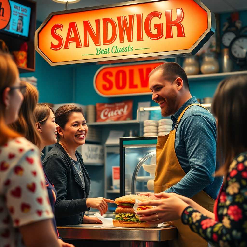 A warm sandwich shop owner interacting with happy customers