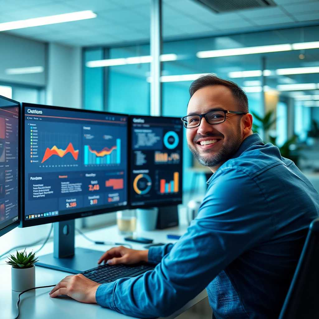 A business owner smiling at a monitor showing a clean, organized digital dashboard