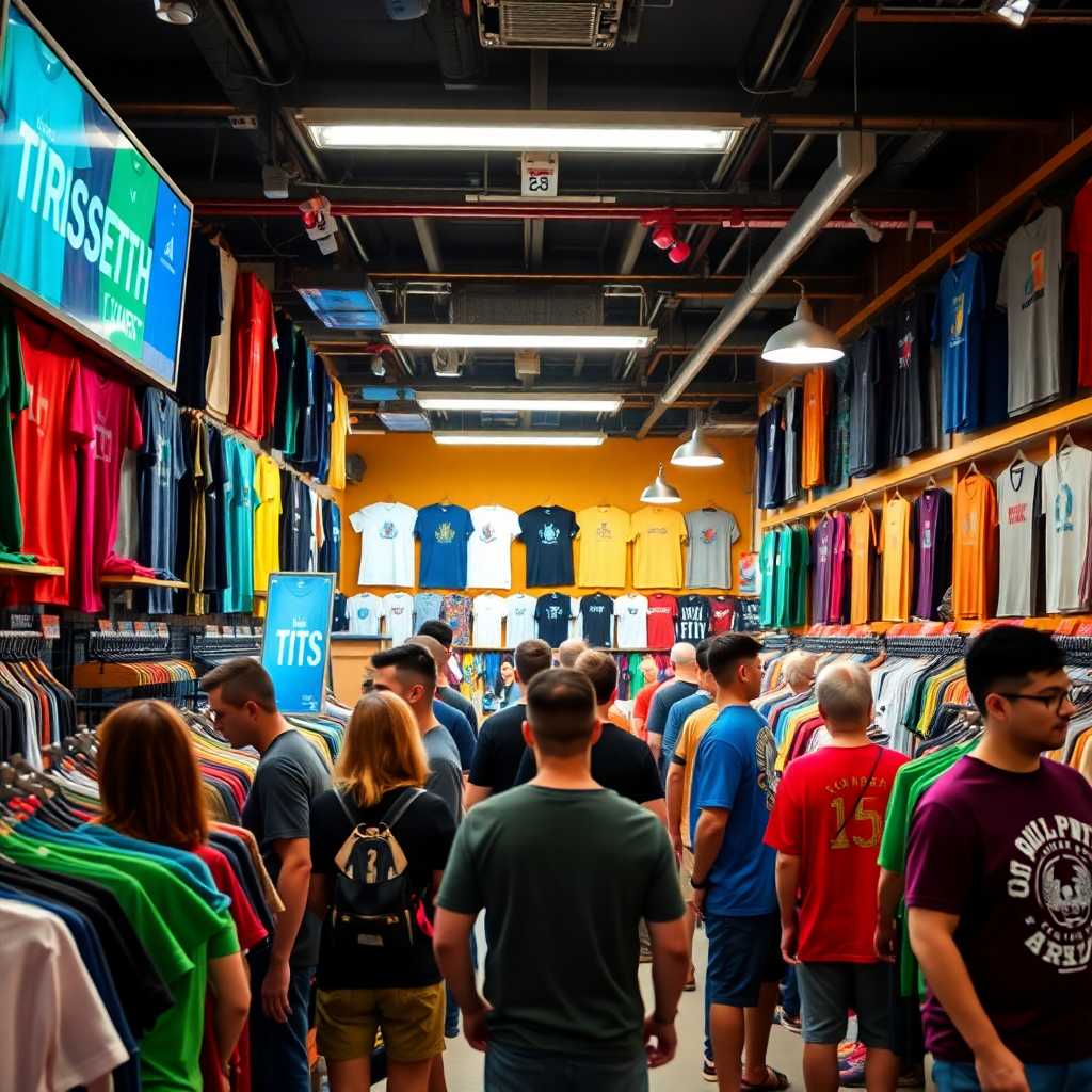 A bustling Custom T-Shirt Shop interspaced with customers waiting in line