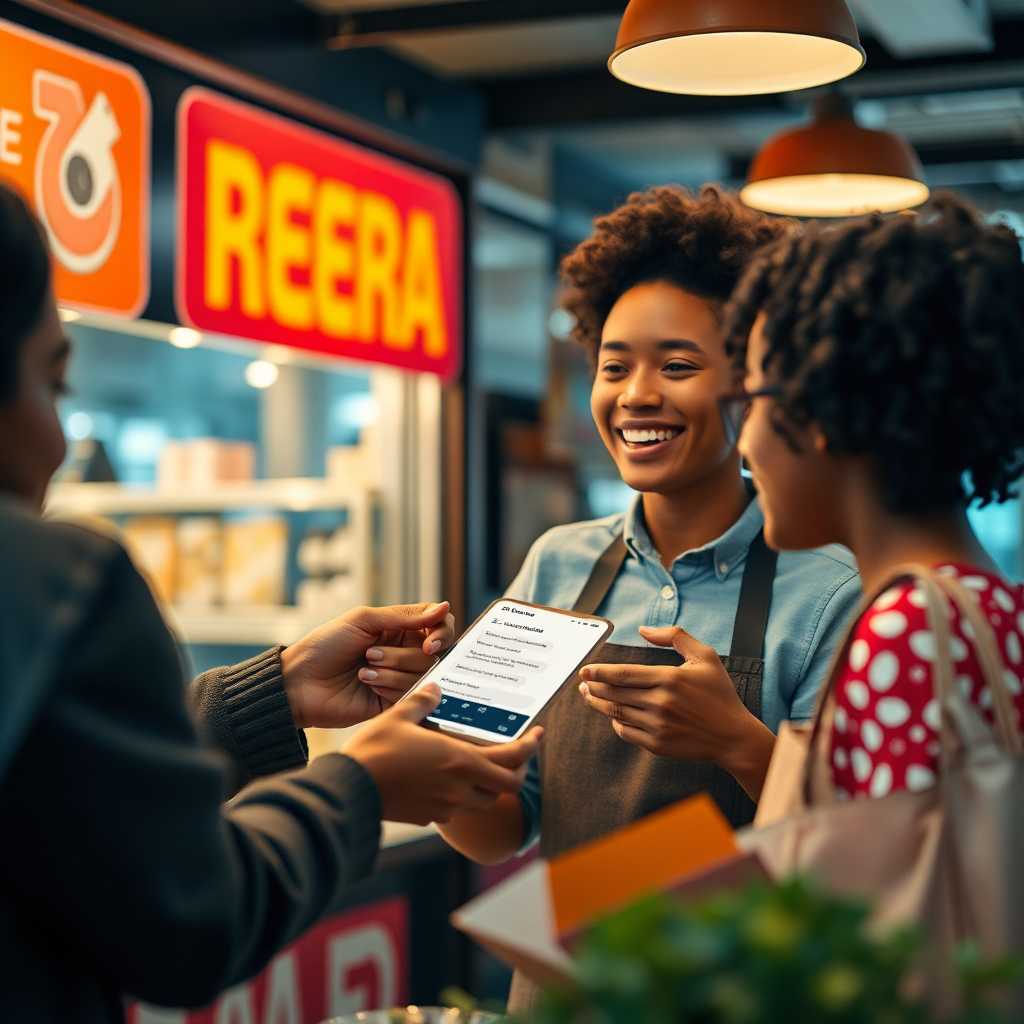 Customer happily receiving order with real-time SMS updates