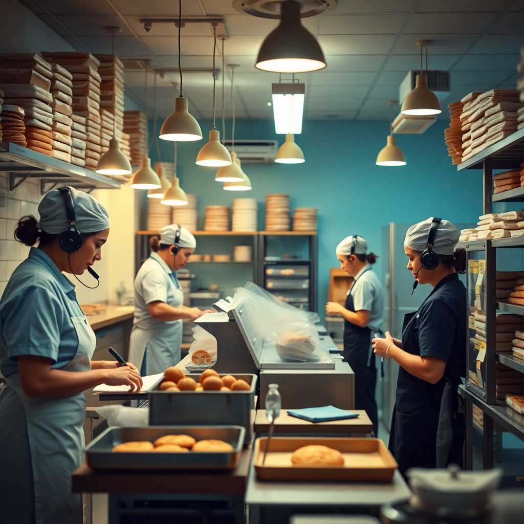 A lively bakery with staff multitasking between baking and managing calls