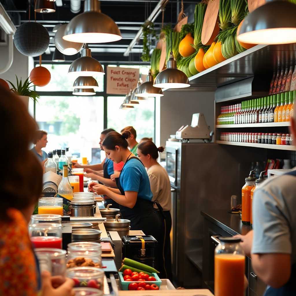 Juice bar bustling with activity, showing staff managing multiple tasks
