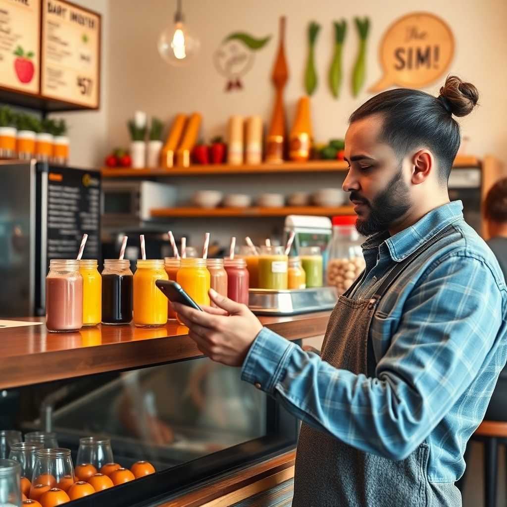 Smoothie Bar owner reviewing customer insights from SMS platform