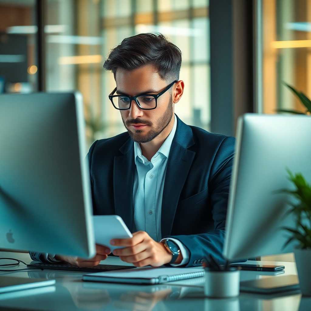 Business owner checking messages on desktop