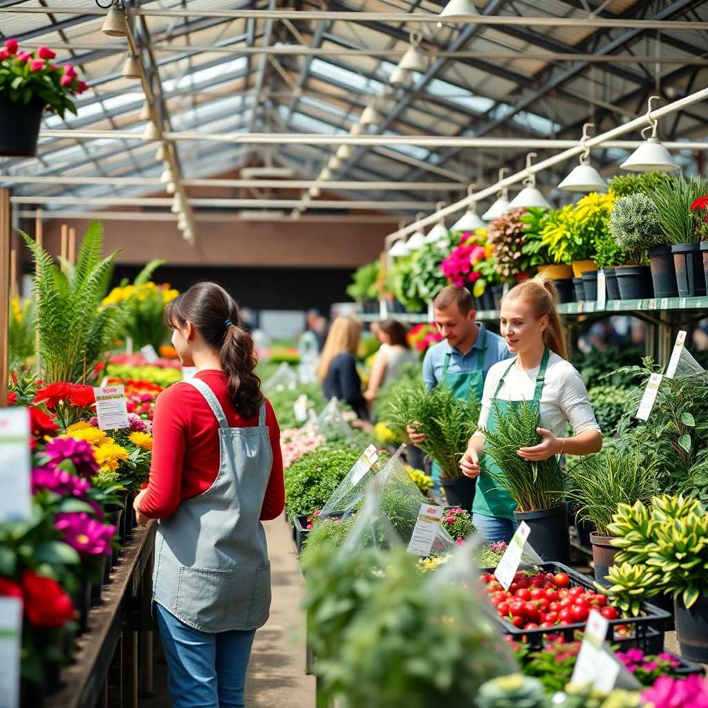 Busy nursery with employees assisting customers