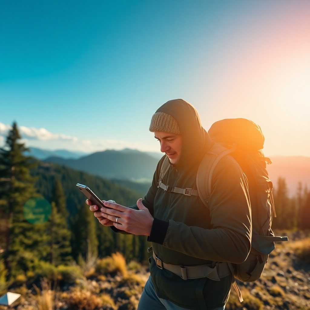 Hiker checking SMS confirmation outdoors