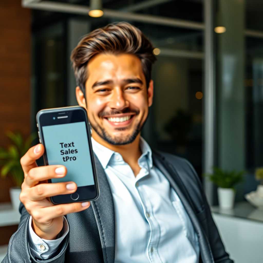 Smiling business owner holding a cell displaying TextSupport Sales PRO interface