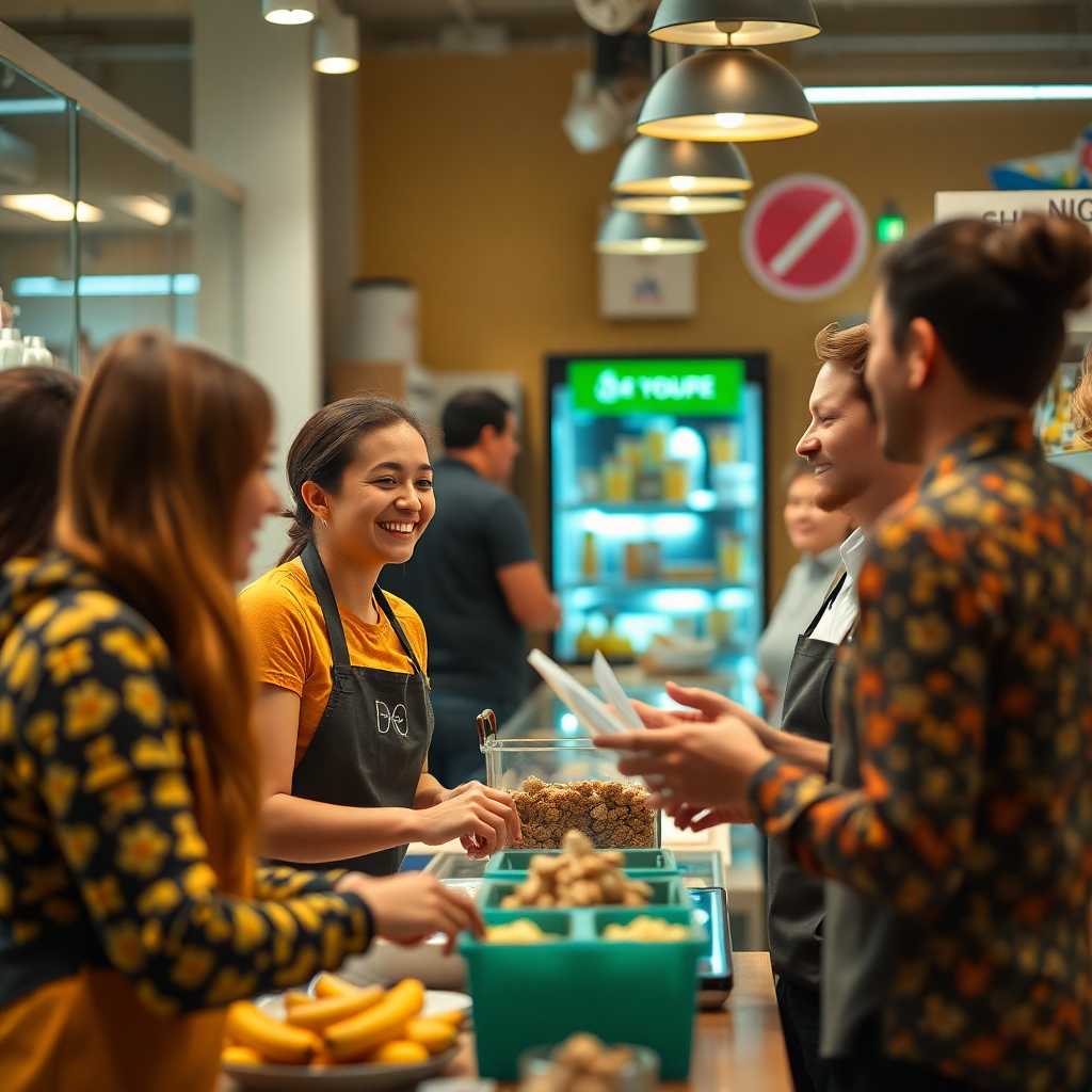 Shop employees happily interacting with customers