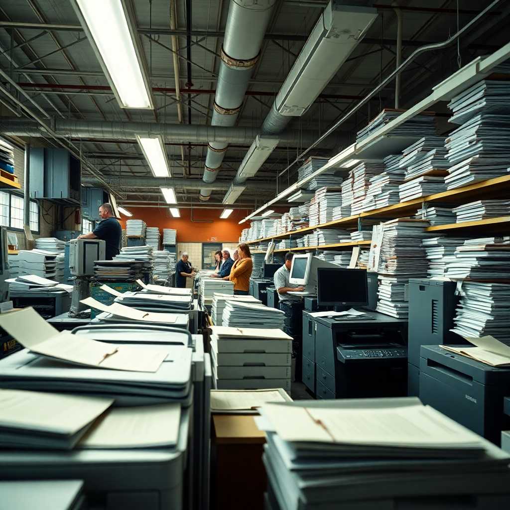 A busy print shop filled with incoming service requests illustrates how TextSupport manages chaos.