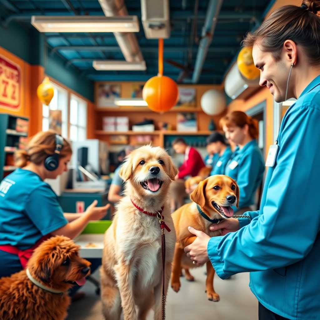 A busy pet daycare with staff attending calls and managing pets.