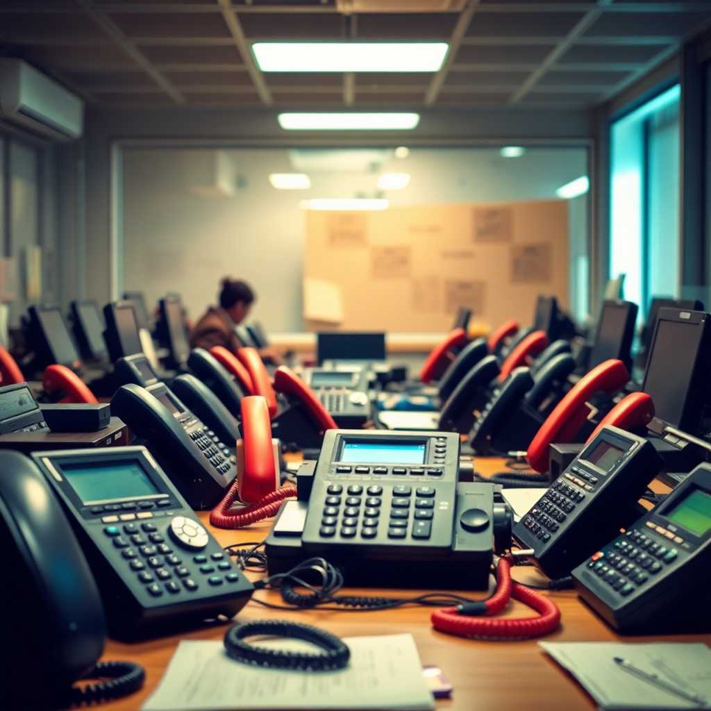 A crowded work desk with multiple ringing phones, suggesting business chaos.