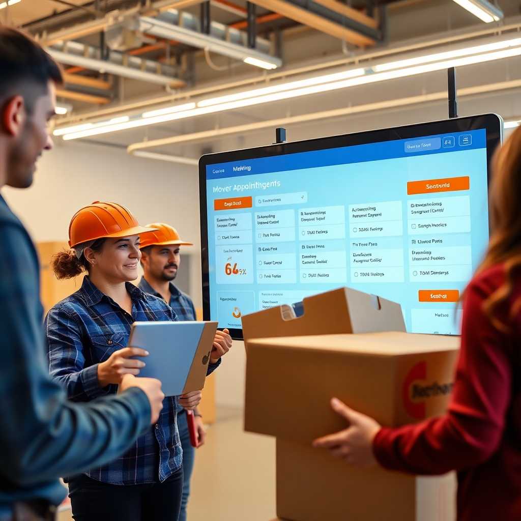 A team of movers efficiently organizing appointments and inquiries via a sleek digital platform