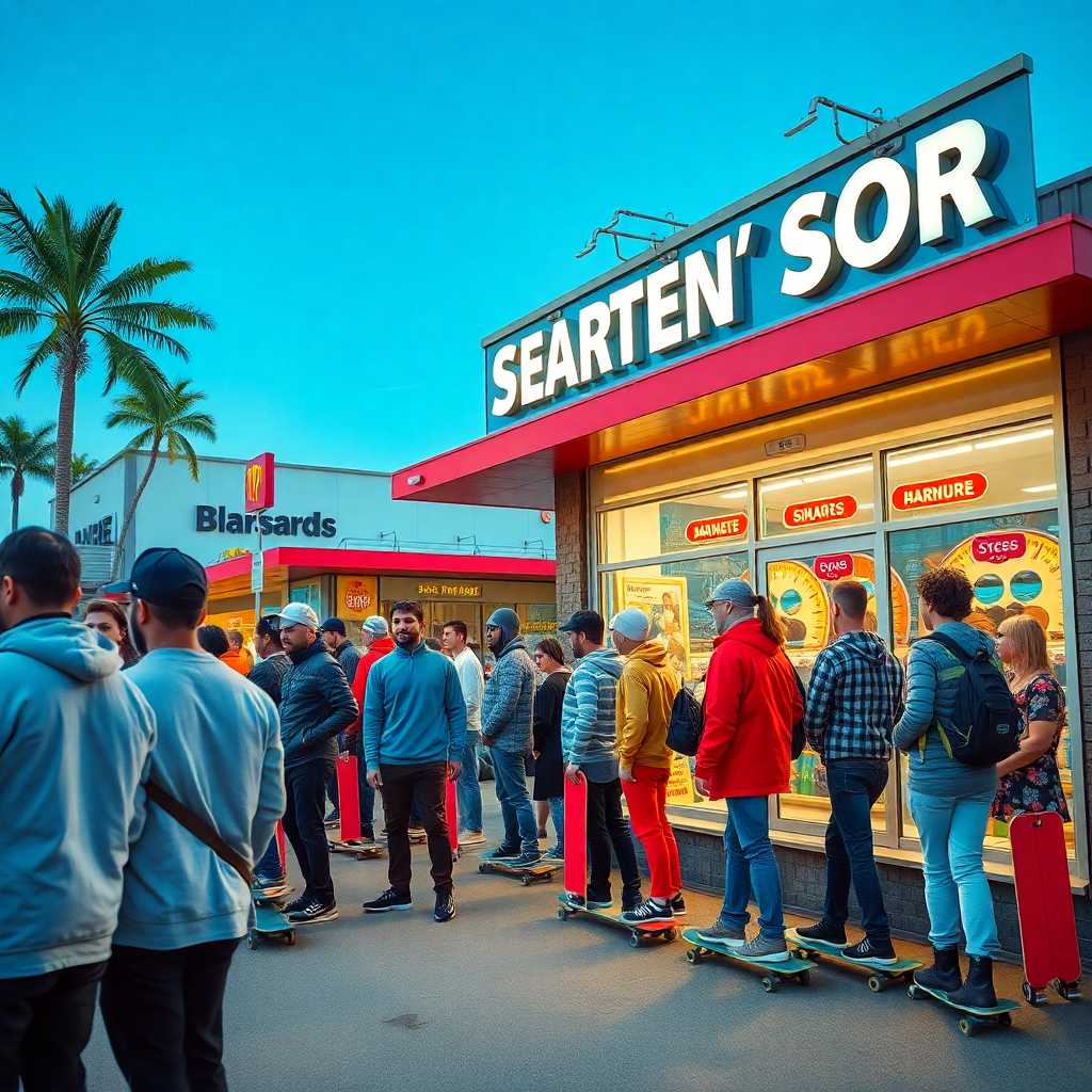 Skaters lined up outside a bustling rental shop.