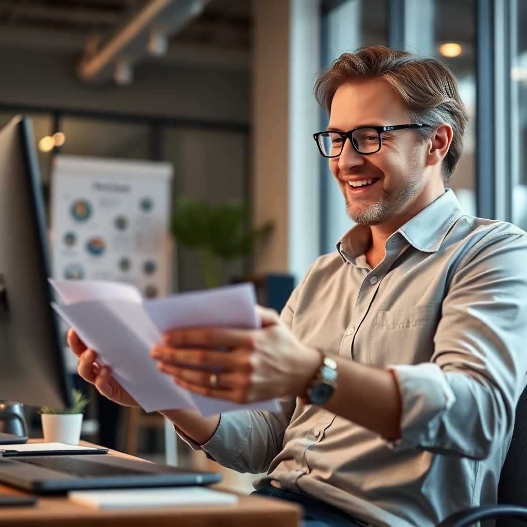 Satisfied business owner reviewing automated conversation logs
