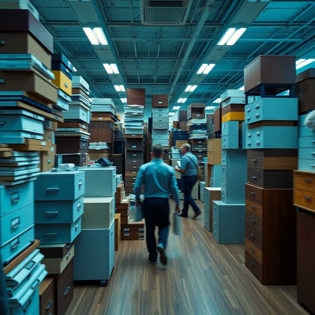 A busy moving office with stacks of furniture items
