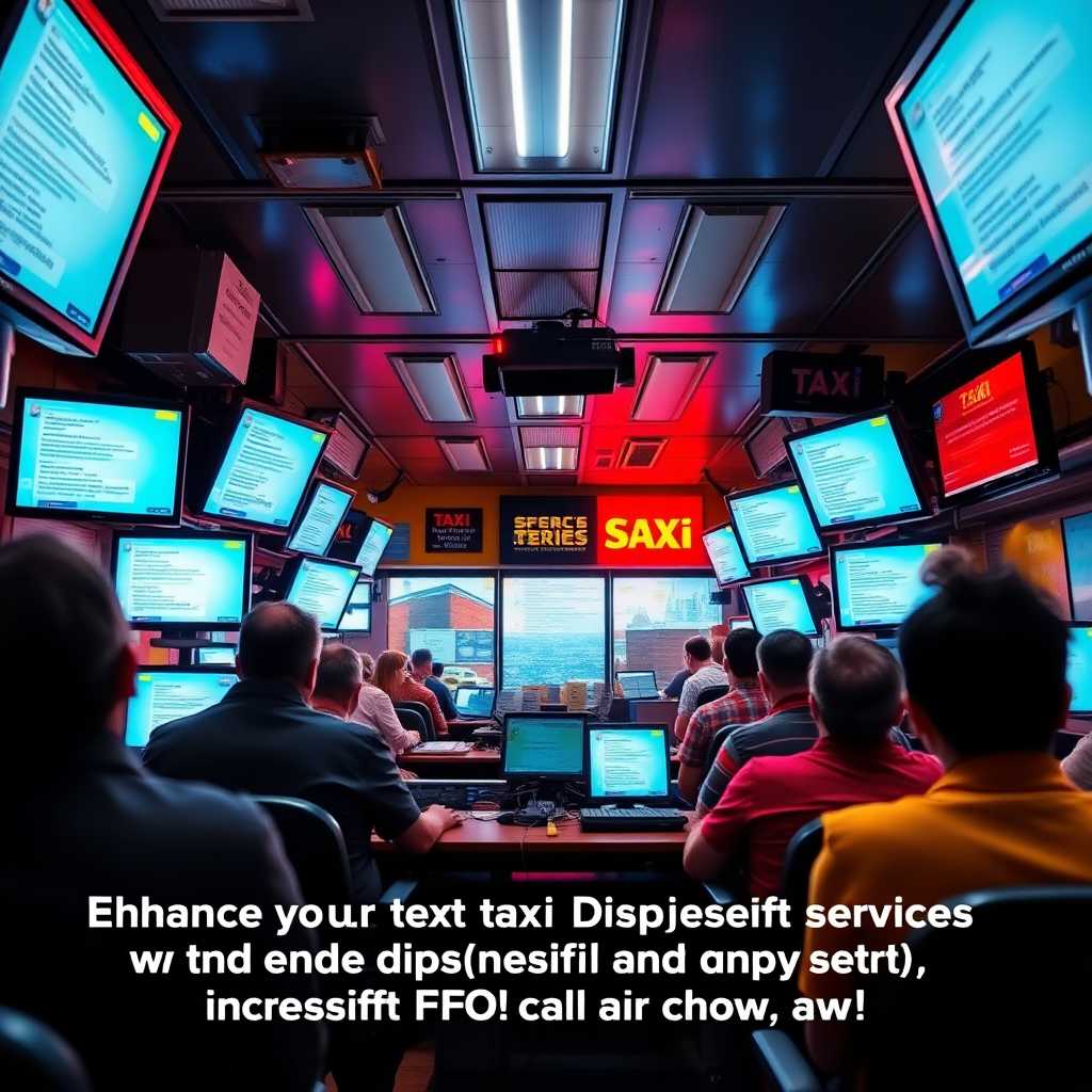 A photorealistic bustling taxi dispatch office with screens showing SMS messages pouring in. Caption: Enhance your Taxi Dispatch Services with TextSupport Sales PRO—turn chaos into clarity. Call us now!