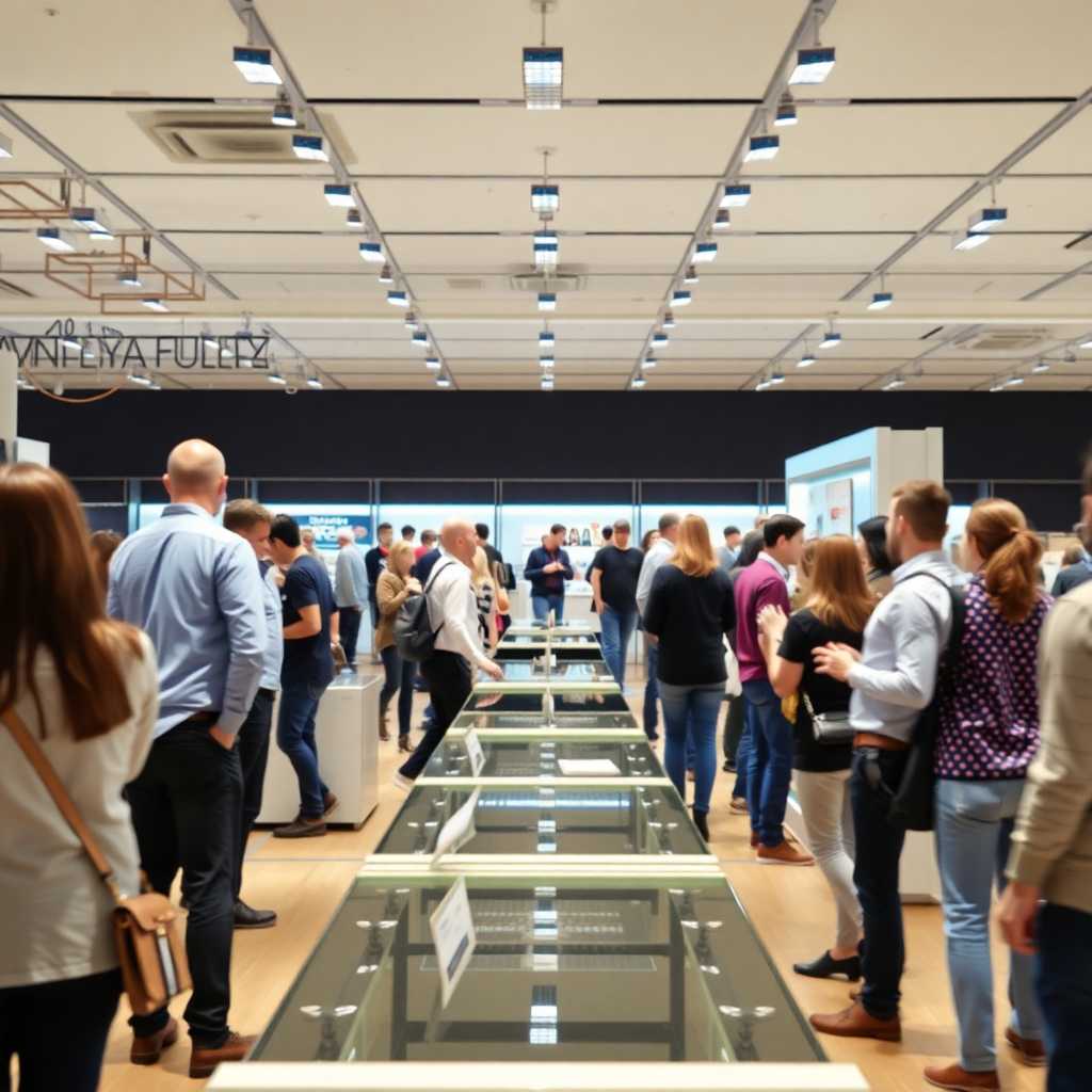 A busy showroom with customers interacting with staff