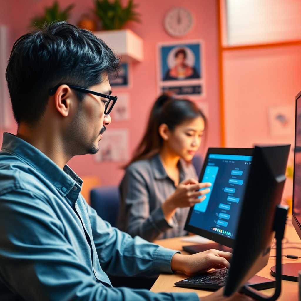 Language school owner monitoring SMS communications from desktop.