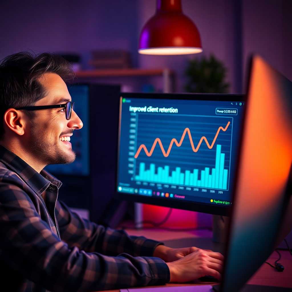 A smiling developer looking at a graph on a computer showing improved client retention metrics.