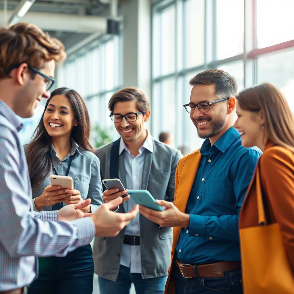 Employees happily engaging with their organized SMS-based workflow