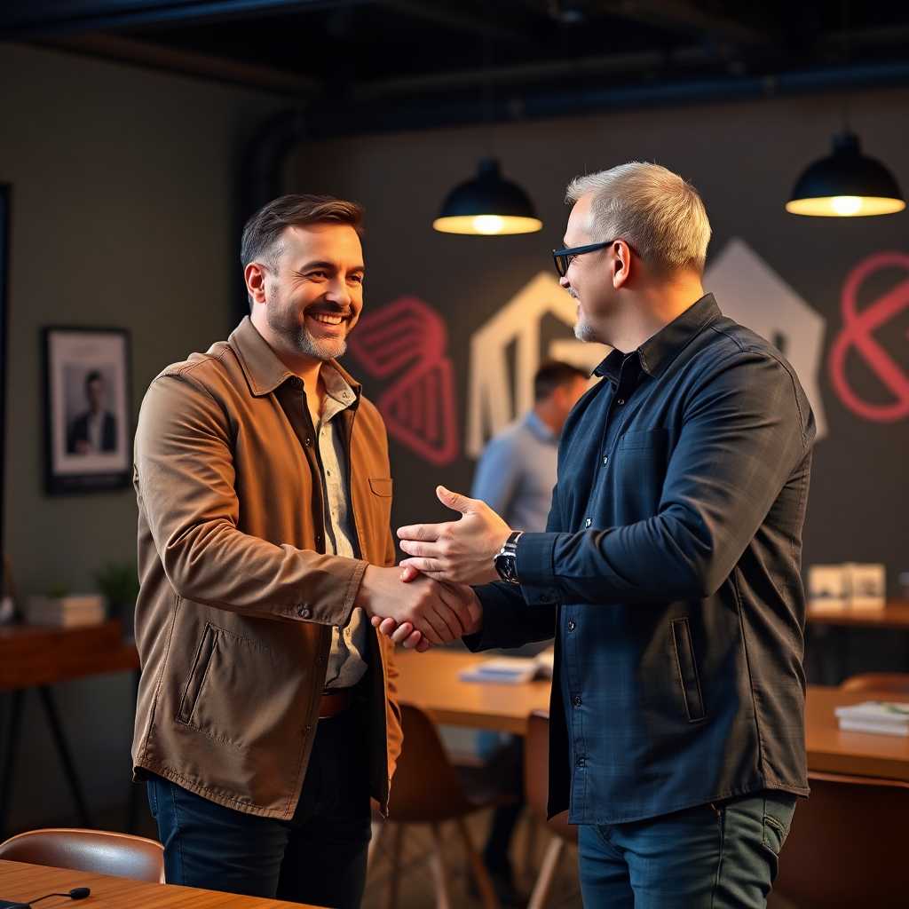 Happy client shaking hands with a video producer, sealing a deal.