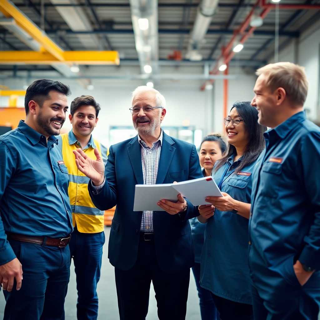 Image of owner with ecstatic staff reviewing operational improvements