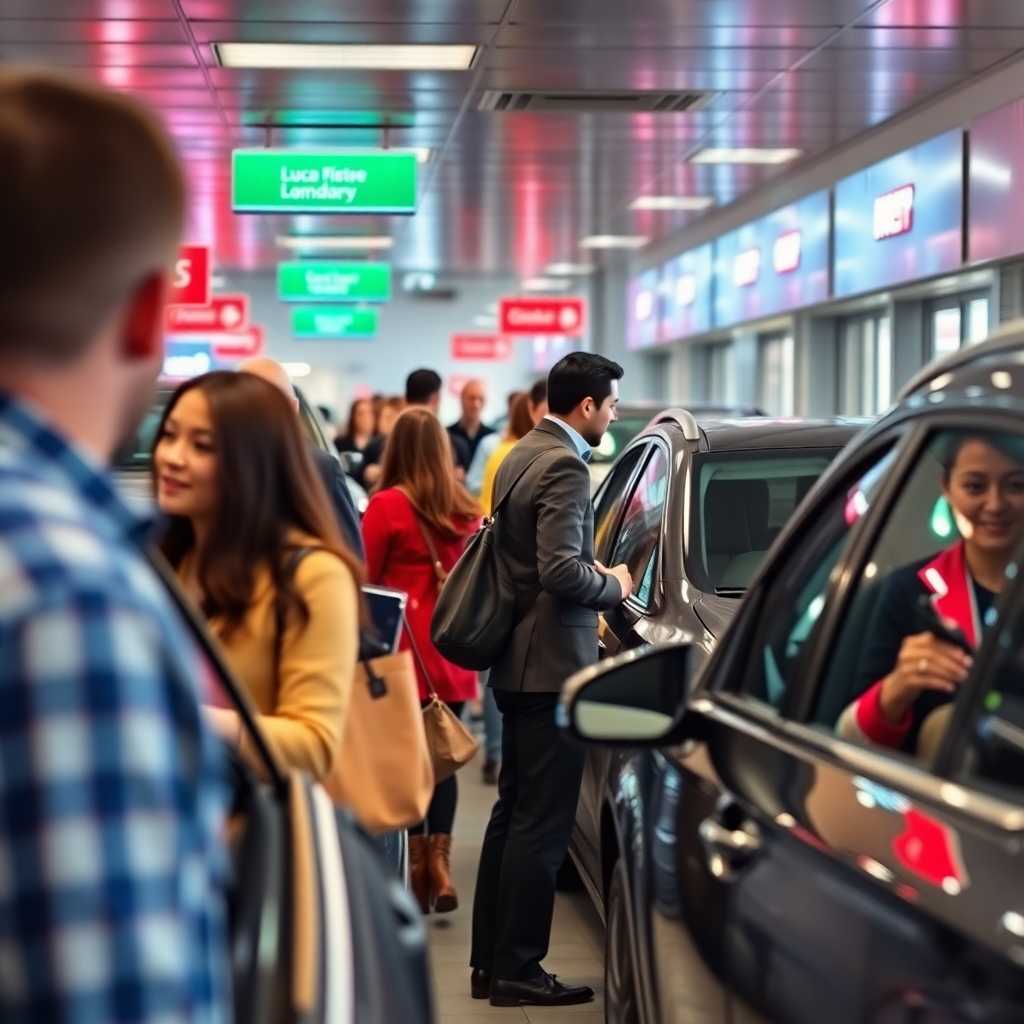 Busy car rental office with clients