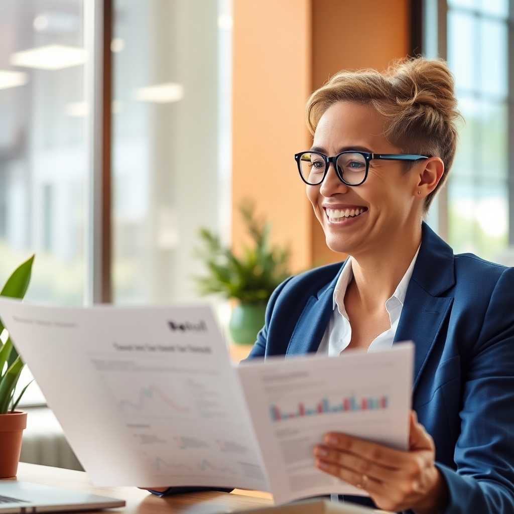 Happy business owner reviewing TextSupport Sales PRO results