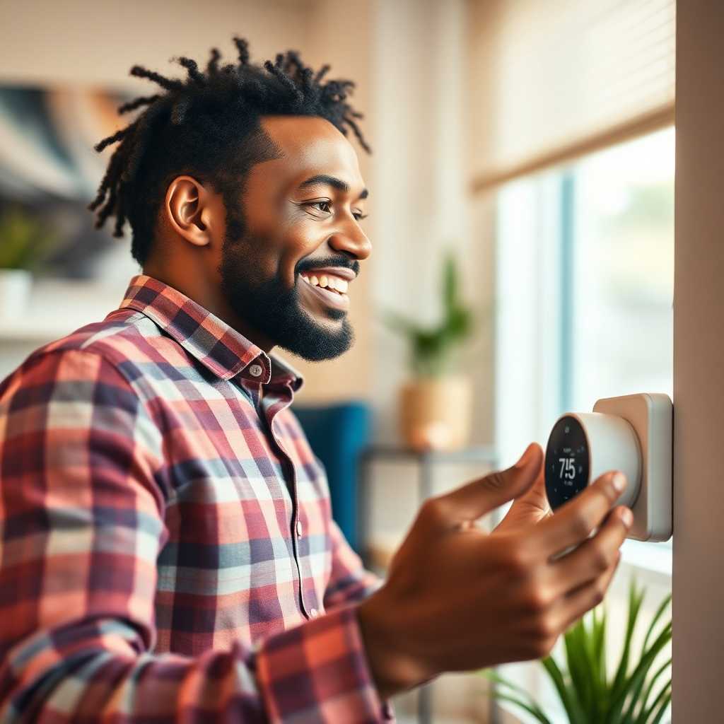 Happy customer with a smart thermostat