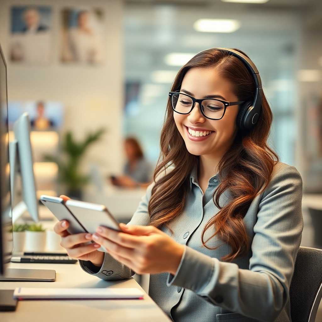 Customer service agent happily interacting with clients on her smartphone.