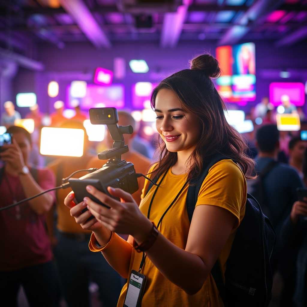 A videographer surrounded by flashing notifications as she calmly handles it all, smartphone in hand