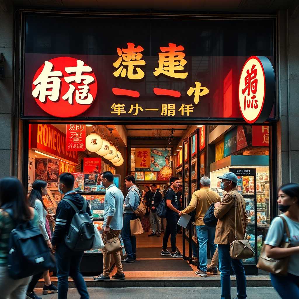 Photorealistic busy storefront with customers