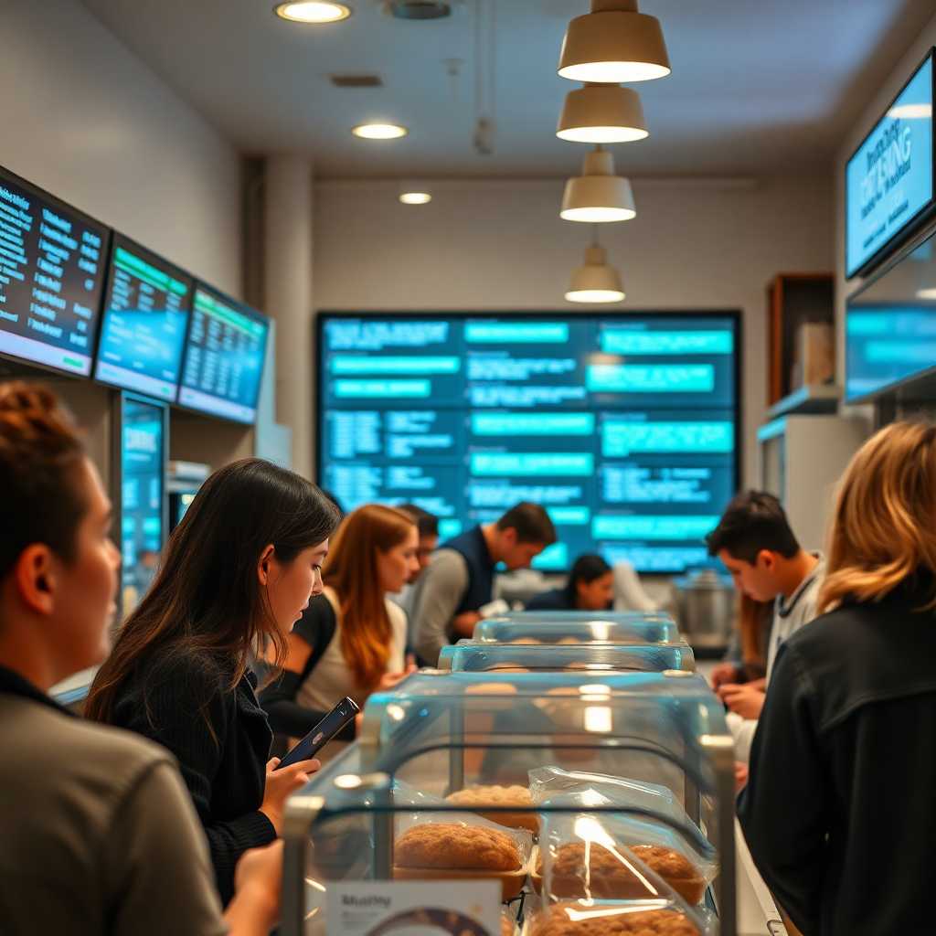 A busy bakery with multiple customers and texts flowing on a digital interface