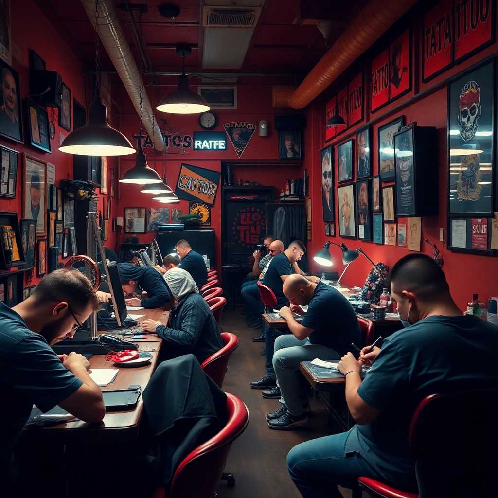 A bustling tattoo studio with artists busy inking clients.